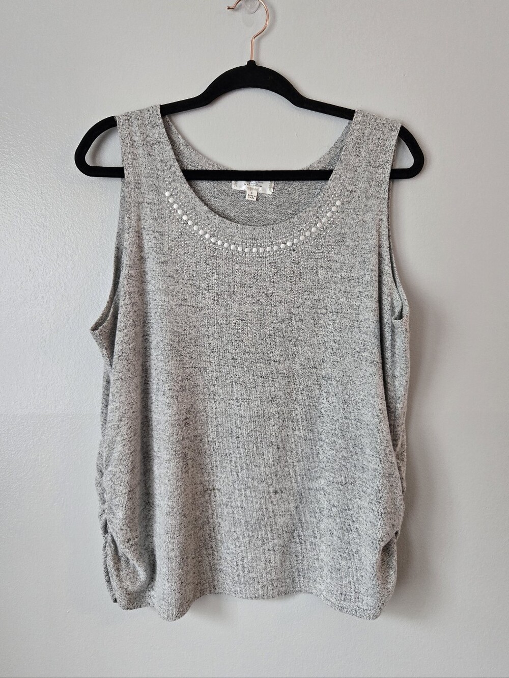 Shannon Ford New York Grey Knit Tank Top Studded Rhinestone Neck Ruched Size L